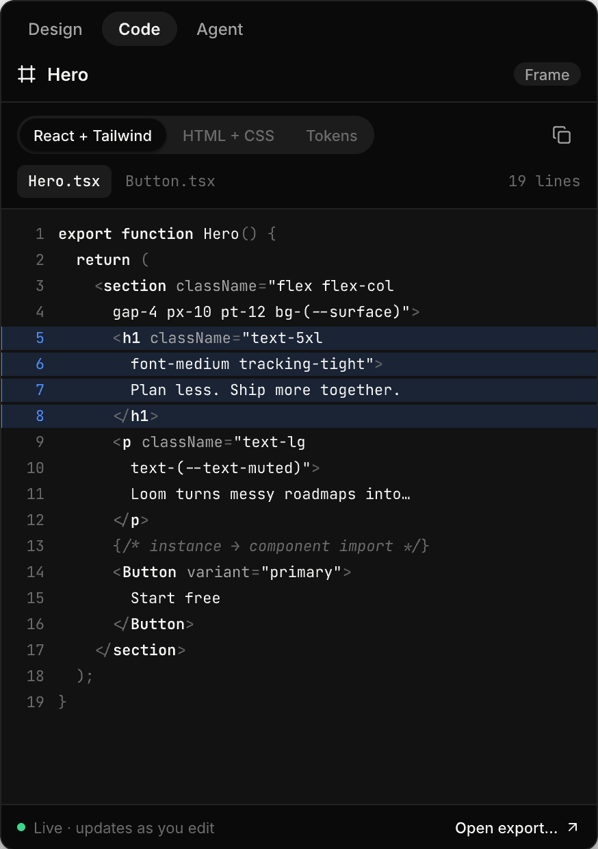 Kimo's code panel: the Hero frame as React and Tailwind