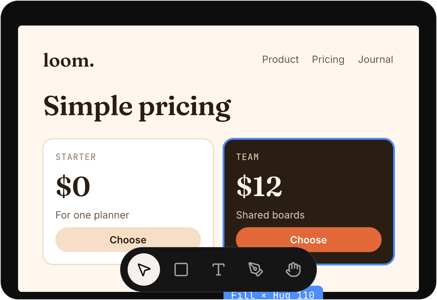 A pricing section laid out on the Kimo canvas