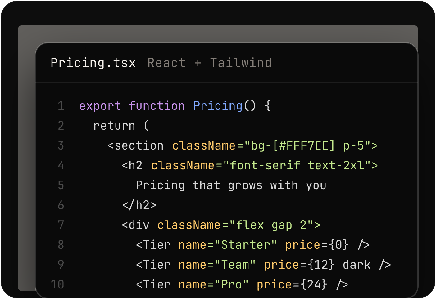 The pricing section as React and Tailwind